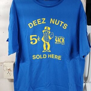 Delta Blue Graphic Tee with Yellow Print — "Deez Nuts"